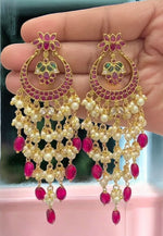 Load image into Gallery viewer, Beautiful chandbali earrings with ruby colour stone and guttapusalu hangings

