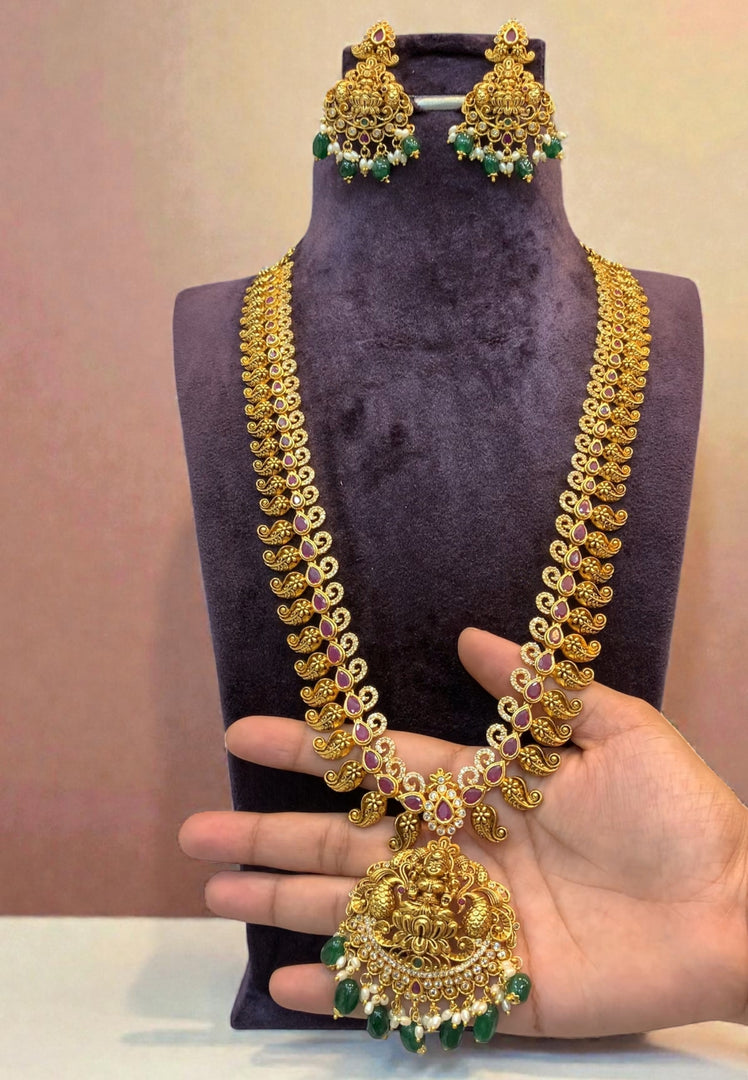 Traditional nakshi polish long haram with green stone