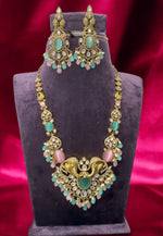 Load image into Gallery viewer, Stunning short haram with green and light pink stones and elephant design -hangings with guttapusalu and beads
