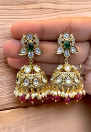 Beautiful jumkhas with kundan stone and ruby colour beads and guttapusalu hangings