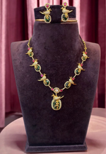 Load image into Gallery viewer, Beautiful short necklace with peacock design and green stone

