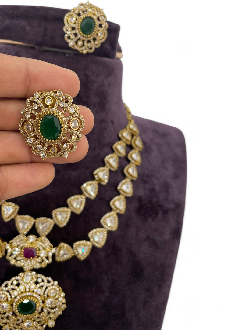 Traditional two layer short necklace with green and pink stone