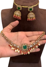 Load image into Gallery viewer, Beautiful short necklace with white hangings and green stone
