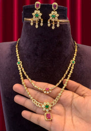 Beautiful two layer short necklace with green and pink stone