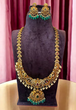 Load image into Gallery viewer, Traditional long haram with green stone and guttapusalu hangings
