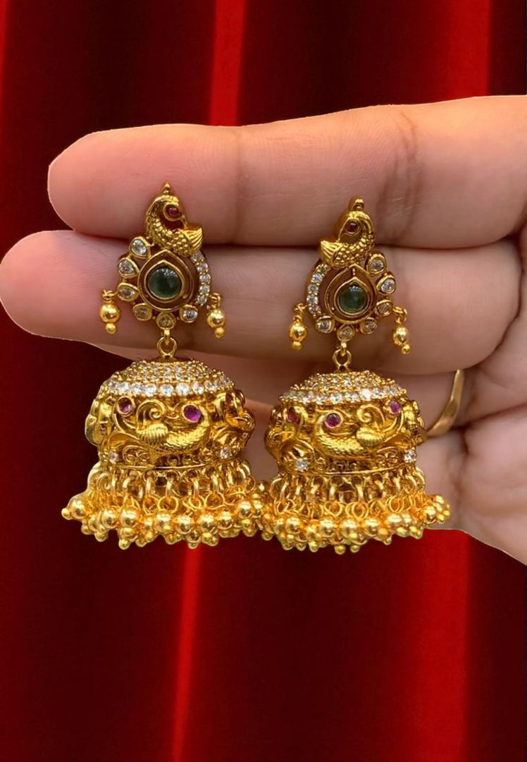 Beautiful jumkhas with peacock design and gold ball hangings