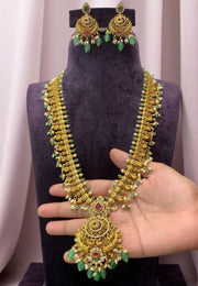 Beautiful traditional guttapusalu long haram with green beads