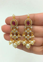 Load image into Gallery viewer, Beautiful earrings with green stone and Pearls hangings
