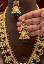 Load image into Gallery viewer, Beautiful long necklace with gold finishing and green stone
