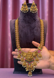 Beautiful long haram with gold finishing and Laxmi Devi motive