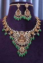 Load image into Gallery viewer, Beautiful short necklace with green beads and god Laxmi Devi motive
