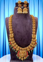 Load image into Gallery viewer, Beautiful traditional long haram with peacock design and coral , green stone combination
