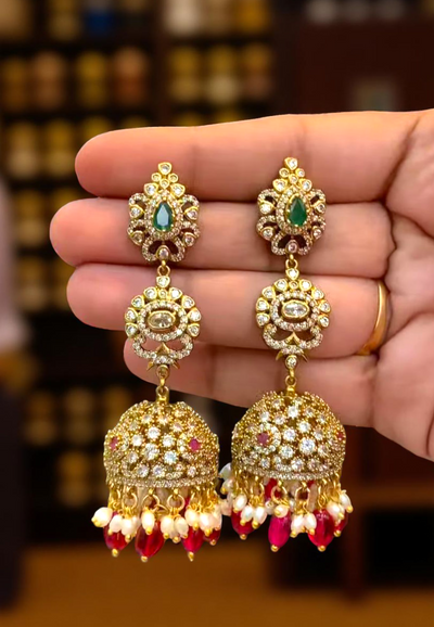 Beautiful Victorian college jhumkas with Ruby and guttalu hangings
