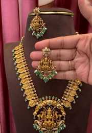 Stunning kasula Haram with Lakshmi motive and green beads