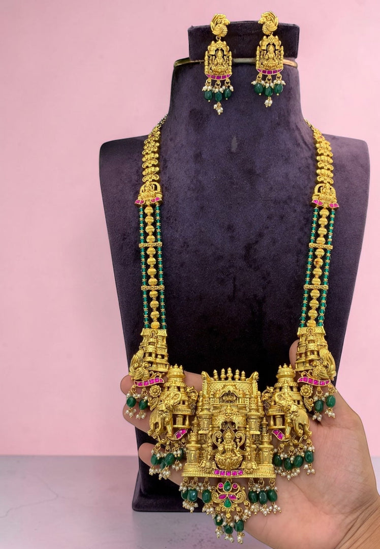 Traditional long haram with temple design and Laxmi Devi motive