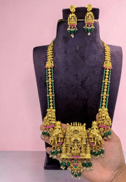 Traditional long haram with temple design and Laxmi Devi motive