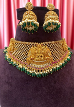 Load image into Gallery viewer, Beautiful chocker set with goddess Lakshmi motive -green beads with guttapusalu
