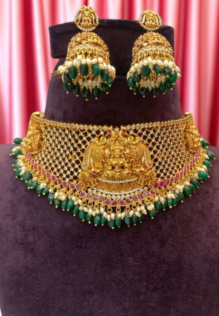 Beautiful chocker set with goddess Lakshmi motive -green beads with guttapusalu