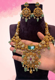 Traditional 3d short haram with guttapusalu and green colour stones