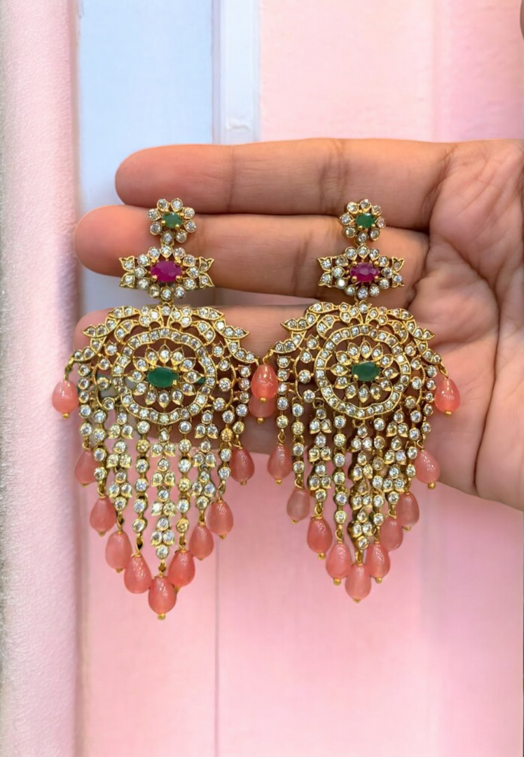 Stunning earrings with orange beads and uncut stone gj polish