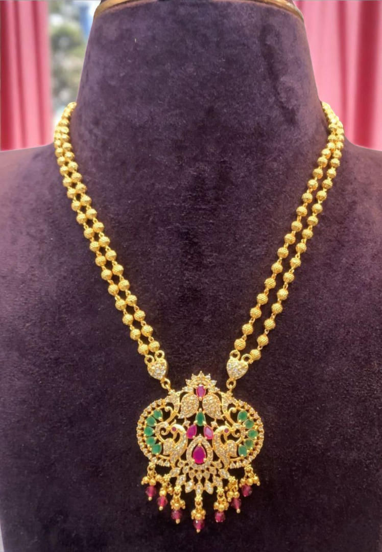 Two layer chandraharam short chain with green and pink stone -perfect for any occasion