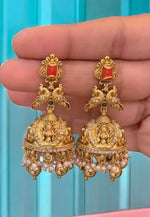 Load image into Gallery viewer, Stunning laxmi motive jumkhas with coral stone -perfect for any occasion
