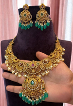 Load image into Gallery viewer, Beautiful short necklace with moissanite stones and nakshi finish with guttapusalu hangings
