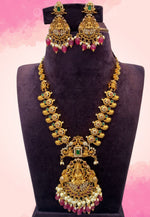 Load image into Gallery viewer, Traditional mini haram with God laxmi motive pendant ruby colour stones and guttapusalu hangings
