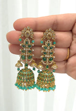 Load image into Gallery viewer, Beautiful jumkhas with green stone and pink stone
