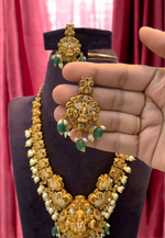 Load image into Gallery viewer, Beautiful long haram with green beats and white pearls hangings
