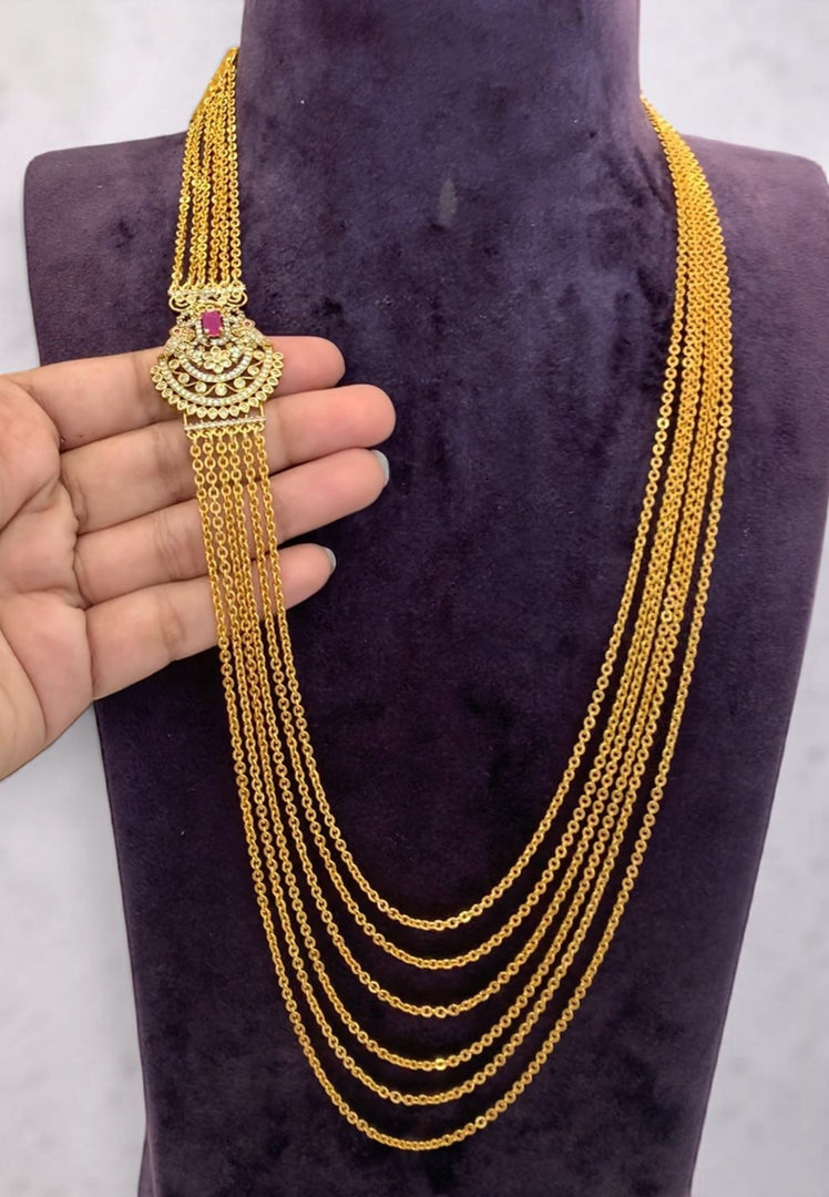Traditional chandraharam chain with pink stone pendant