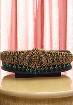 Load image into Gallery viewer, Beautiful looking hip belt with gold finishing and green beads with lakshmi motive
