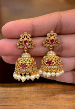 Load image into Gallery viewer, Beautiful mini jumkhas with multistone and pink stone -hangings with pearls
