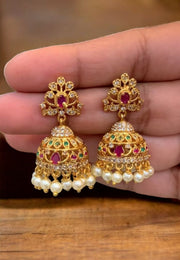 Beautiful mini jumkhas with multistone and pink stone -hangings with pearls