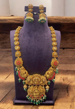 Load image into Gallery viewer, Beautiful long haram with coral beads and God laxmi motive locket with guttapusalu hangings -pairing with beautiful jumkhas
