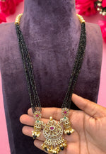 Load image into Gallery viewer, Black cristals beads mala with six lines with pearls -beautiful pendant with guttapusalu hangings
