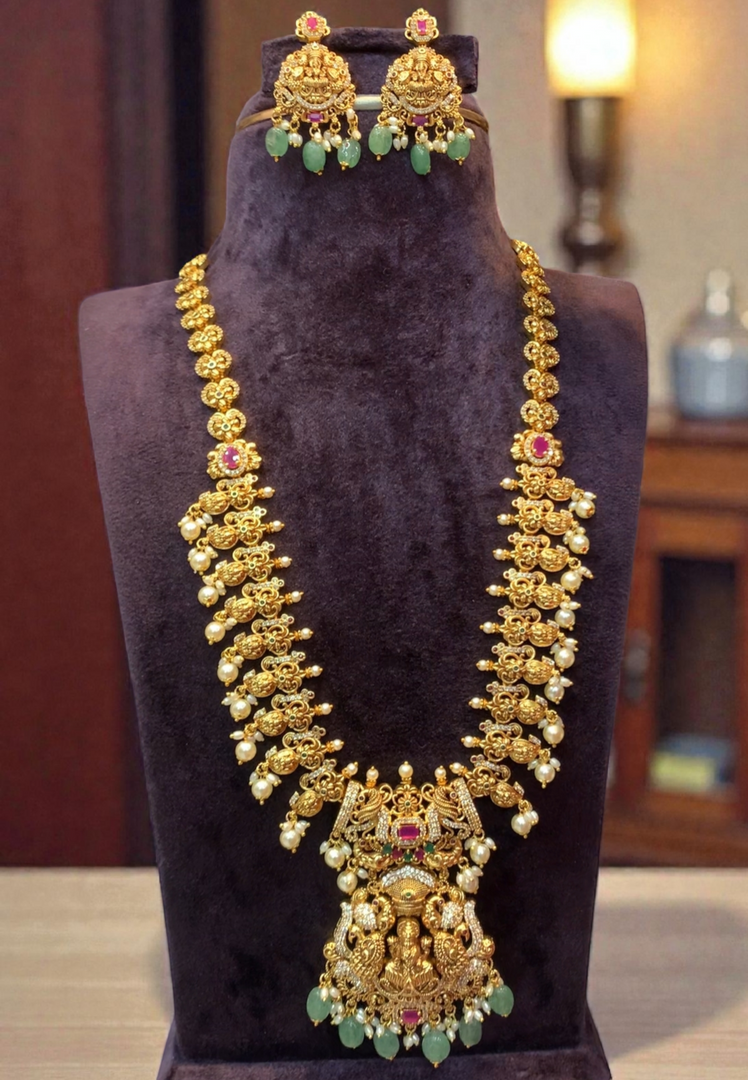 Beautiful long nakshi haram with green beads