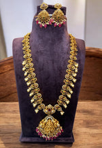 Load image into Gallery viewer, Beautiful nakshi long haram with ruby colour stone and guttapusalu hangings
