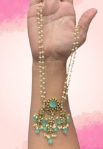 Load image into Gallery viewer, Stunning two layer pearls set with light blue stone pendant and guttapusalu hangings
