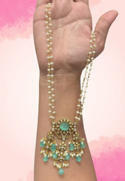 Stunning two layer pearls set with light blue stone pendant and guttapusalu hangings