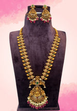 Load image into Gallery viewer, Traditional long nakshi haram with ruby colour stones and guttapusalu hangings
