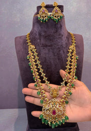 Traditional two layer long haram with green beads and pink stone