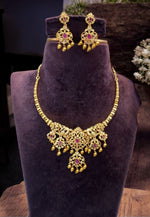 Load image into Gallery viewer, Stunning kanti necklace with pink stones and guttapusalu hangings -pairing with beautiful earrings
