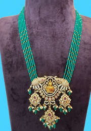 5 layer long haram with green stone and elephant design God laxmi motive pendant,-hangings with guttapusalu and monalisa beads