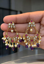 Load image into Gallery viewer, Simple chandbali earrings with uncut stone and purple colour stones and guttapusalu hangings
