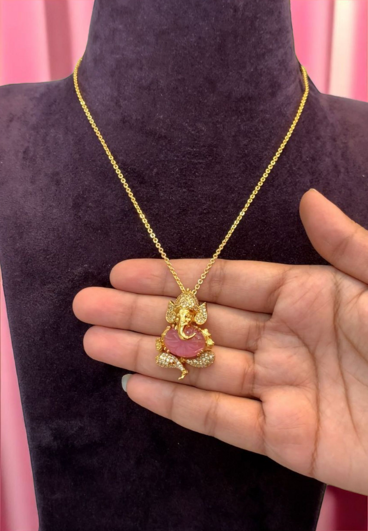 Cute Vinayaka pendant in pink colour stone -with chandraharam chain