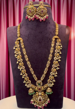 Load image into Gallery viewer, Victorian two layer mini haram with green stone and ruby colour stone -pairing with beautiful earrings
