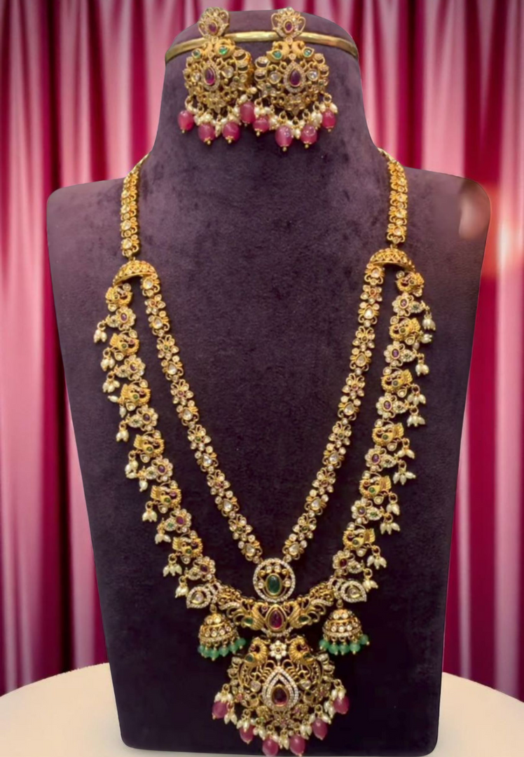 Victorian two layer mini haram with green stone and ruby colour stone -pairing with beautiful earrings
