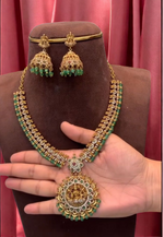 Load image into Gallery viewer, Beautiful short haram with gold finishing and green stone hangings
