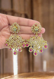 Beautiful earrings with uncut stone and green pink stones -perfect for any occasion